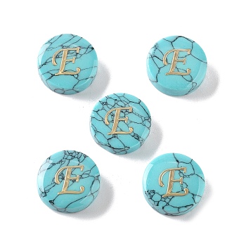 Synthetic Turquoise Beads, with Golden Tone Brass Slices, Flat Round with Letter, Letter E, 15x5.5mm, Hole: 1.4mm