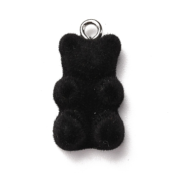 Flocky Resin Pendants, with Iron Finding, Bear, Black, 22x11x7mm, Hole: 2mm