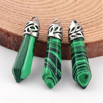 Bullet Malachite Pendants, with Platinum Tone Alloy Findings, 33~40x8~10mm, Hole: 3x2mm