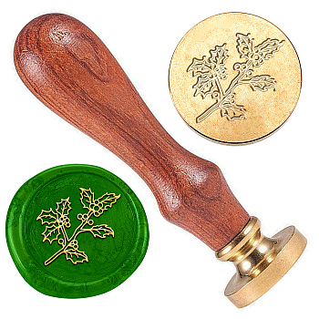 Retro Christmas Golden Tone Brass Sealing Wax Stamp Head, with Removable Wood Handle, for Envelopes Invitations, Gift Card, Leaf, 83x22mm, Stamps: 25x14.5mm