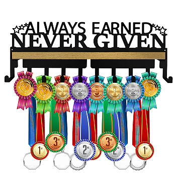 Iron Medal Holder, with Wood Board, Medal Holder Frame, Always Earned Never Given, Word, Medal Holder: 367x132x1.5mm,Wood Board: 348x80mm