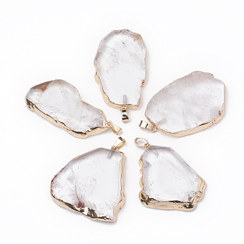Natural Quartz Crystal Pendants, Rock Crystal Pendants, with Iron Clasps, Mixed Shapes, Golden, 37~60x25~43x6~9mm, Hole: 7x3mm