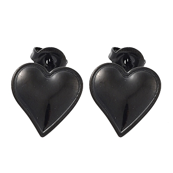 304 Stainless Steel Stud Earrings, Heart, Black, 13.5x13mm