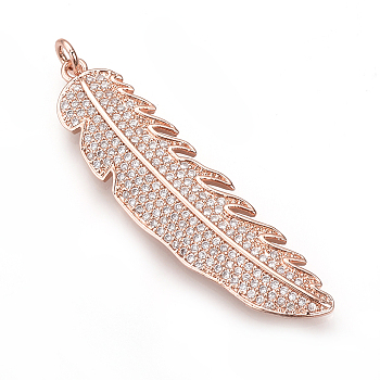 Brass Micro Pave Cubic Zirconia Pendants, with Jump Rings, Feather, Rose Gold, 46.5x12x2mm, Hole: 3mm