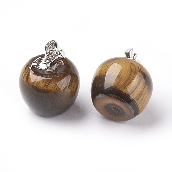 Natural Tiger Eye Pendants, with Alloy Finding, Apple, Platinum, 23x20mm, Hole: 2.5x5mm