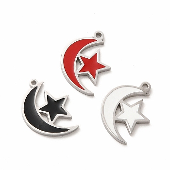 304 Stainless Steel Pendants, With Enamel, Moon With Star, Mixed Color, 15.5x11.5x1mm, Hole: 1.2mm