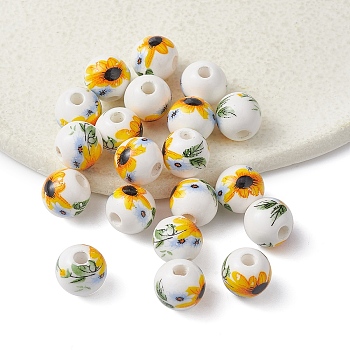 Handmade Porcelain Beads, Round with Sunflower Pattern, Yellow, 10mm, Hole: 2mm