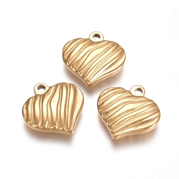 304 Stainless Steel Pendants, Heart with Corrugated, Golden, 15x15x3mm, Hole: 1.5mm