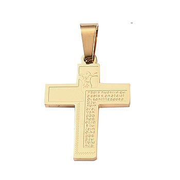 304 Stainless Steel Pendants, Religion Theme,Cross with Saying/Message, Golden, 24.5x17.5x1.3mm, Hole: 7.3mm