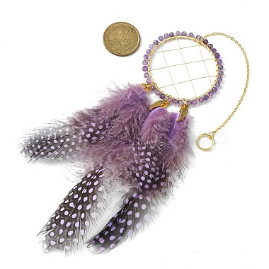 Natural Amethyst Woven Net/Web with Feather Wall Hanging Decoration(HJEW-JM01222-01)-2