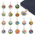 16Pcs 16 Styles PVC Mobile Dustproof Plugs, with Alloy Enamel with ABS Pearl Pendants, Flat Round with Flower Pattern, Golden, Mixed Color, 48mm(HJEW-FH00212)