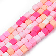 Handmade Polymer Clay Beads Strands, Cube, Hot Pink, 4x4x4mm, Hole: 1.4mm, about 89~91pcs/strand, 15.55 inch~15.94 inch(39.5~40.5cm)(CLAY-N008-061-09)