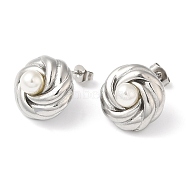 Plastic Pearl Beaded Flower Stud Earrings, 304 Stainless Steel Jewelry, Stainless Steel Color, 16x16mm(EJEW-K244-19P)