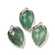 Natural Green Aventurine Faceted Pendants, Rack Plating Brass Strawberry Charms, Platinum, 18x11x5~5.5mm, Hole: 1.2mm(G-M431-06P-13)