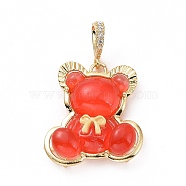 Translucent Resin Pendants, Bear with Bowknot Charm, with Brass Micro Pave Clear Cubic Zirconia, Cadmium Free & Lead Free, Real 18K Gold Plated, Red, 28x25x8mm, Hole: 4.5x7mm(KK-G406-50G-01)