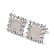 304 Stainless Steel Stud Earring Settings, Square Ear Studs with Granulated Edge, Stainless Steel Color, Tray: 6x6mm, 11.5x11.5mm, Pin: 0.7mm(STAS-M323-02P)
