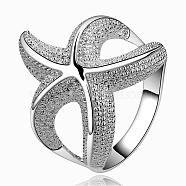 Fashion Style Brass Starfish/Sea Stars Metal Rings, Silver Color Plated, Size 7, 17mm(RJEW-EE0001-086-D)