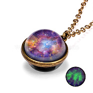 Luminous Glass Planet Pendant Necklace with Antique Golden Alloy Chains, Orchid, 19.69 inch(50cm)(PW-WG67491-08)