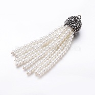 Tassels Glass Beaded Big Pendants, with Polymer Clay Rhinestone and Platinum Tone Brass Findings, White, 68x14mm, Hole: 1.8mm(RB-K026-04)
