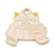 Zinc Alloy Pendants, Light Gold, Cat Charm, Pink, 22x25x1.3mm, Hole: 2.2mm(ENAM-I058-A05)