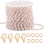 DIY Imitation Pearl Beaded Chain Bracelet Necklace Making Kit, Including ABS Plastic Beaded Chains, Brass Jump Rings, 304 Stainless Steel Lobster Claw Clasps, Real 18K Gold Plated, Chain: 5M/set(CHC-BBC0001-07)