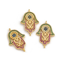 Rack Plating Brass Micro Pave Cubic Zirconia Religion Hamsa Hand Connector Charms, Real 18K Gold Plated, Long-Lasting Plated, Cadmium Free & Lead Free, Mixed Color, 24x15.5x2.5mm, Hole: 1.4mm(KK-C074-55G)