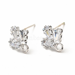 Brass Micro Pave Clear Cubic Zirconia Stud Earring Findings, with Loop, Leaf, Platinum, 10.5x10mm, Hole: 1.8mm, Pin: 0.7mm(ZIRC-K087-17P)