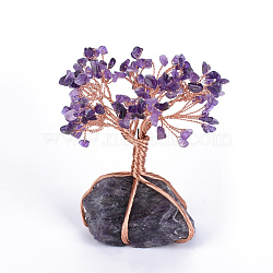 Natural Amethyst Chips and Amethyst Pedestal Display Decorations, with Rose Gold Tone Aluminum Wires, Lucky Tree, 120~150x65~80x52~72mm(G-S282-03)