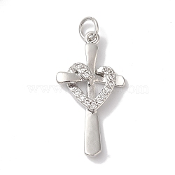 Rack Plating Brass & Clear Cubic Zirconia Pendants, Cadmium Free & Lead Free, Long-Lasting Plated, Cross Heart, with Jump Ring, Platinum, 26x14x3.5mm, Hole: 5mm(KK-L216-055P)