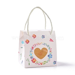 Rectangle Paper Gift Boxes with Handle Rope, Clear Heart Window Box for Gift Wrapping, Floral Pattern, 9x11.5x11.5cm(CON-B010-04D)