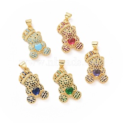 Brass Cubic Zirconia Pendants, Golden, Bear with Heart Charm, Mixed Color, 26x15x10mm, Hole: 4x4.5mm(ZIRC-K089-12G)