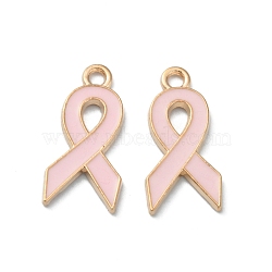 Light Gold Tone Zinc Alloy Enamel Pendants, October Breast Cancer Pink Awareness Ribbon, Pink, 20x10x1.5mm, Hole: 2mm(ENAM-WH0061-10B-02)