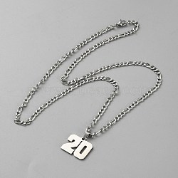 Non-Tarnish 304 Stainless Steel Figaro Chain Number Pendant Necklaces, Stainless Steel Color, Number 20, 24.21 inch(61.5cm), Pendant: 19x22mm(NJEW-WH20004-06P-20)