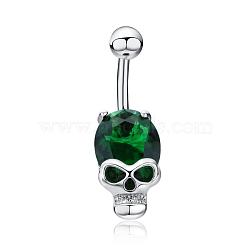 Real Platinum Plated Skull Brass Cubic Zirconia Navel Ring Navel Ring Belly Rings, with 304 Stainless Steel Bar, Green, 30x10mm, Bar Length: 3/8"(10mm), Bar: 14 Gauge(1.6mm)(AJEW-EE0001-10)