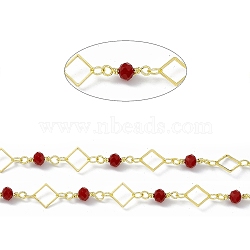 Handmade Brass Rhombus Link Chains, with Red Glass Beaded, Soldered, with Spool, Real 18K Gold Plated, Link: Rhombus: 8x8x0.7mm, Round: 12x4.5mm(CHC-F015-24G)
