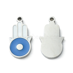 304 Stainless Steel Manual Polishing Charms, with Enamel, Hamsa Hand/Hand of Miriam with Evil Eye, Stainless Steel Color, 13.5x7.5x1.5mm, Hole: 1mm(STAS-C075-33P)