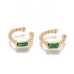 Golden Plated Brass Micro Pave Cubic Zirconia Cuff Earrings, Long-Lasting Plated, Green, 15x2~3mm(EJEW-L244-06A)
