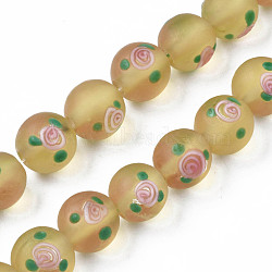 Handmade Frosted Lampwork Beads Strands, Round with Flower, Gold, 11~12mm, Hole: 1.4mm, about 45pcs/strand, 19.69 inch(50cm)(LAMP-N021-39D)