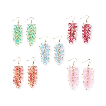 5 Pairs 5 Color Trumpet Flower Glass & Imitation Pearl Beaded Dangle Earrings, Brass Cluster Long Drop Earrings for Women, Mixed Color, 70mm, Pin: 0.6mm, 1 Pair/color