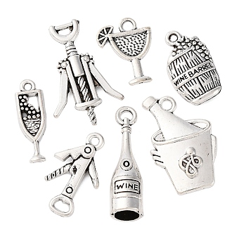 35Pcs 7 Styles Wine Theme Tibetan Style Alloy Pendants, Antique Silver, Mixed Shapes, 17~26x6.5~17x1.8~8mm, Hole: 1.4~3mm, 5pcs/style