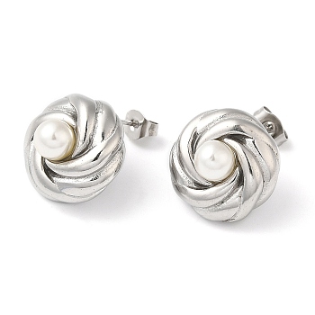 Plastic Pearl Beaded Flower Stud Earrings, 304 Stainless Steel Jewelry, Stainless Steel Color, 16x16mm