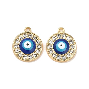 Alloy Enamel Pendants, with Rhinestone, Long-Lasting Plated, Flat Round with Evil Eye Charm, Golden, 18x15x3mm, Hole: 1.5mm