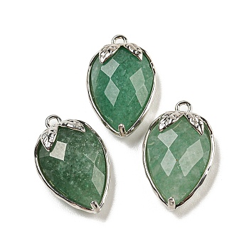 Natural Green Aventurine Faceted Pendants, Rack Plating Brass Strawberry Charms, Platinum, 18x11x5~5.5mm, Hole: 1.2mm