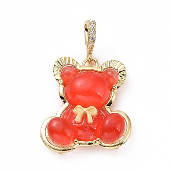 Translucent Resin Pendants, Bear with Bowknot Charm, with Brass Micro Pave Clear Cubic Zirconia, Cadmium Free & Lead Free, Real 18K Gold Plated, Red, 28x25x8mm, Hole: 4.5x7mm