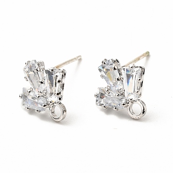 Brass Micro Pave Clear Cubic Zirconia Stud Earring Findings, with Loop, Leaf, Platinum, 10.5x10mm, Hole: 1.8mm, Pin: 0.7mm