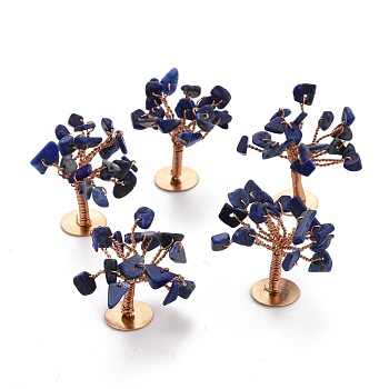 Natural Lapis Lazuli Chips Display Decorations, with Golden Plated Brass Wires, Lucky Tree, 27~42.5x23.5~28x31.5~35mm