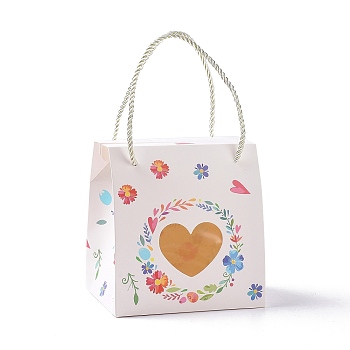 Rectangle Paper Gift Boxes with Handle Rope, Clear Heart Window Box for Gift Wrapping, Floral Pattern, 9x11.5x11.5cm