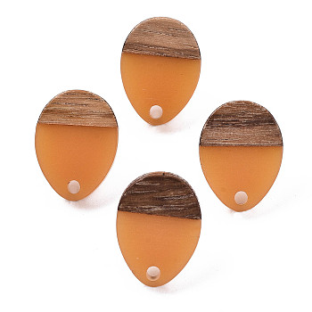 Resin & Walnut Wood Stud Earring Findings, with 304 Stainless Steel Pin, Teardrop, Goldenrod, 17x13mm, Hole: 1.8mm, Pin: 0.7mm
