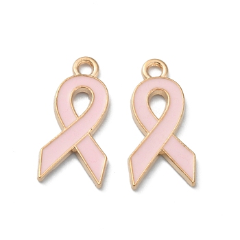 Light Gold Tone Zinc Alloy Enamel Pendants, October Breast Cancer Pink Awareness Ribbon, Pink, 20x10x1.5mm, Hole: 2mm