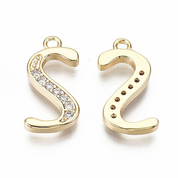 Brass Micro Pave Clear Cubic Zirconia Pendants, Nickel Free, Real 18K Gold Plated, Word, Letter.S, 18x10x2mm, Hole: 1.5mm